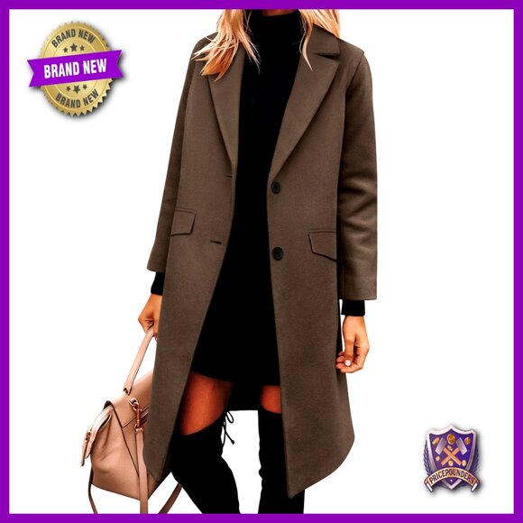 Classic Notch Lapel Peacoat Loose Fit Long Trench Coat Fall Winter Outerwear